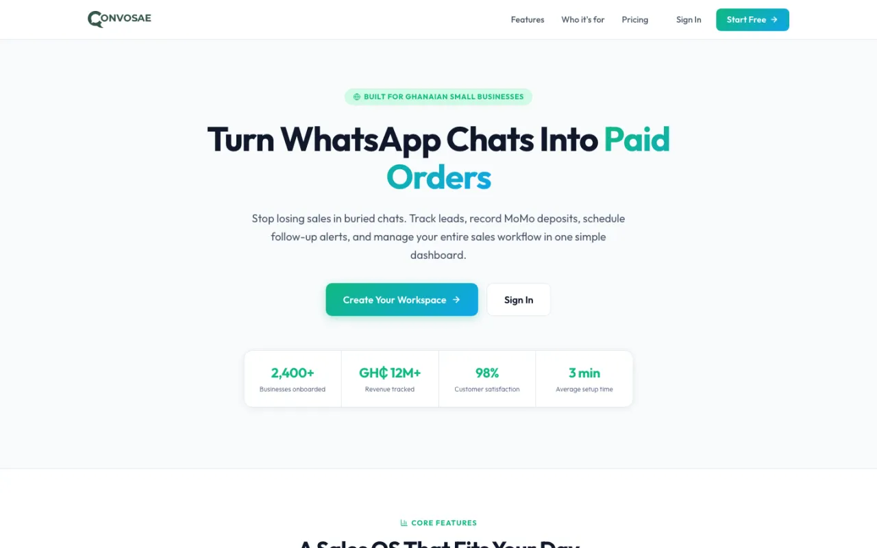 Screenshot of the Convosae homepage showing the headline 'Turn WhatsApp Chats Into Paid Orders', a short product description, two call-to-action buttons, and a row of metric cards.
