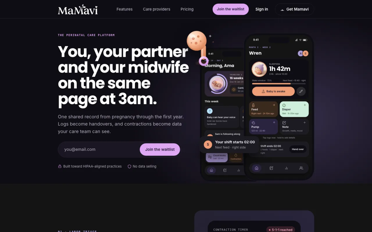 Screenshot of the Mamavi Health homepage showing the headline 'You, your partner and your midwife on the same page at 3am', an email waitlist form, and phone mockups of feeding, sleep, and diaper logs.